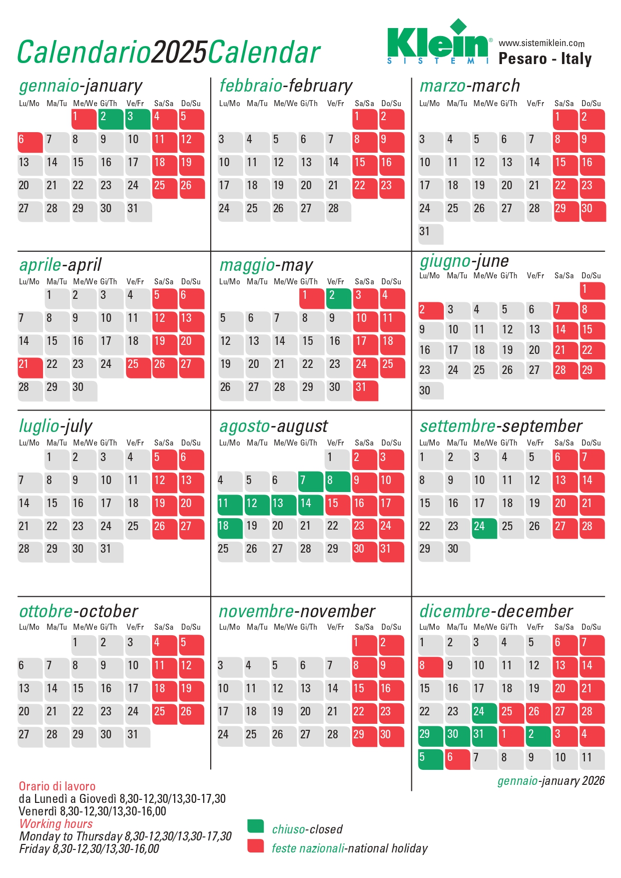 Calendario 2025 Sistemi Klein